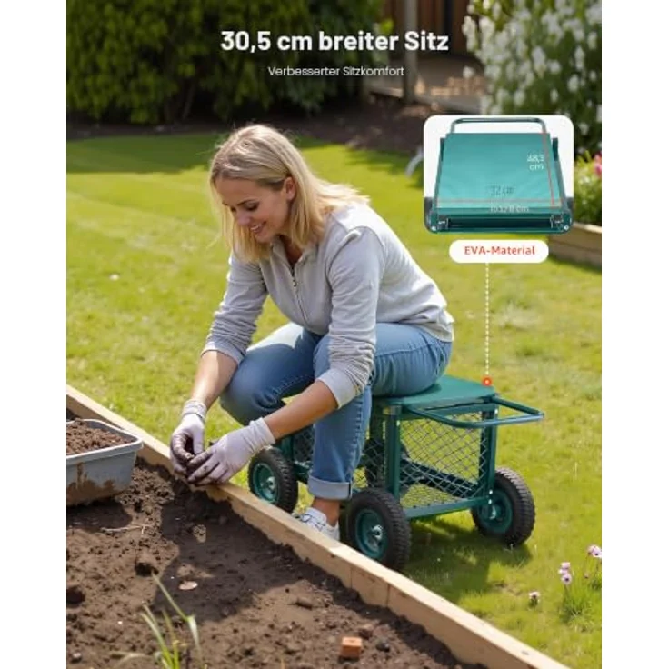VEVOR Gartenrollsitz, Rollbarer Gartensitz aus Metall mit 180 kg Tragkraft, 4-in-1 Design mit Stauraum, 8-Zoll-Rädern, für Rasen und Terrasse – Bild 4