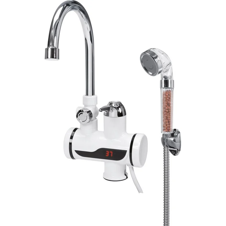 TRIZERATOP Durchlauferhitzer Küchenarmatur, Elektrischer Wasserhahn 3000W, 230V, wandmontiert mit Brausegarnitur, Temperaturregelung und LED-Anzeige