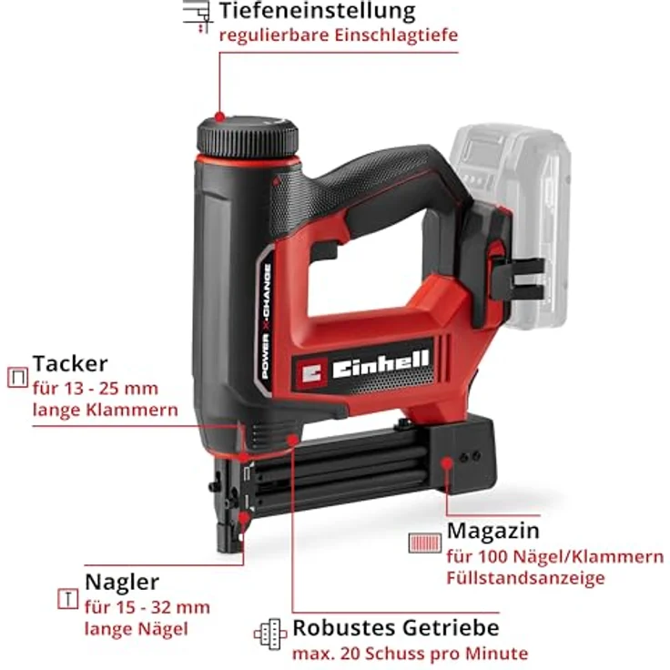 Einhell Akku-Nagler 'TE-CN 18/32 Li - Solo', 2-in-1-Kombigerät für Tacker und Nagler, bis zu 20 Einschläge pro Minute, ohne Akku – Bild 3