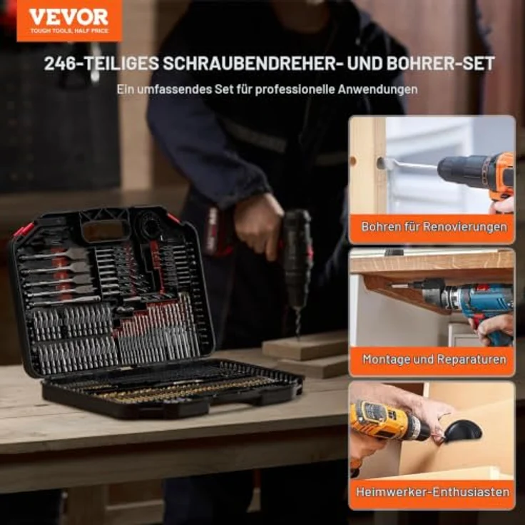 VEVOR 246-teiliges Bohrer-Set, Bohrer- und Schrauberbit-Set mit Tragkoffer, geeignet für Holz, Metall und Zement, inkl. magnetischem Bithalter und 4 Lochsägen – Bild 2
