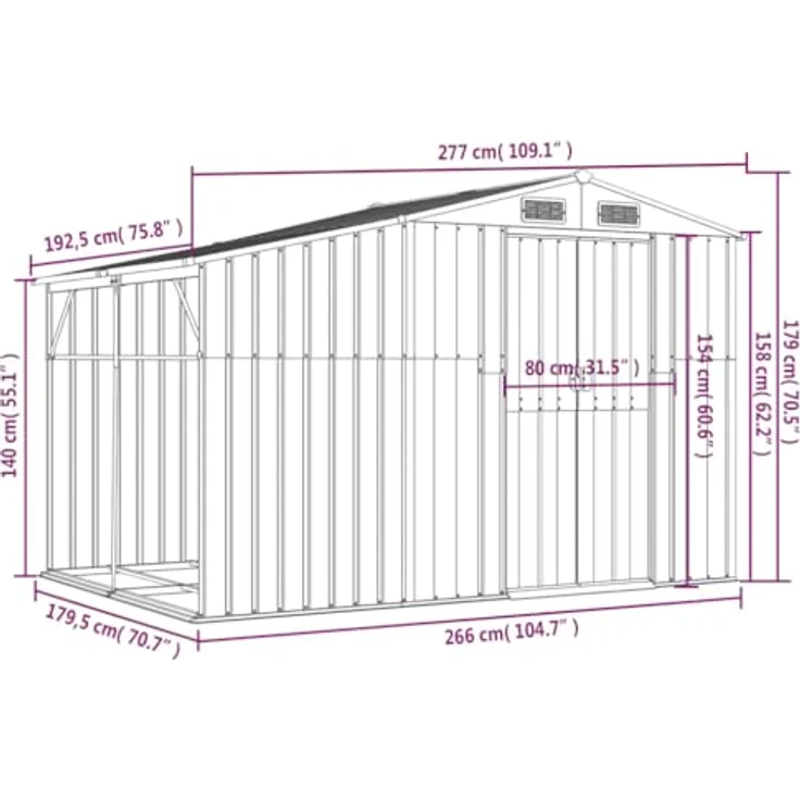 vidaXL Gerätehaus, Gartenhaus mit Schrägdach Griffe, Gartenschuppen Schuppen mit Stauraum, Geräteschuppen Metallschuppen, Anthrazit 277x192,5x179 cm Verzinkter Stahl – Bild 4