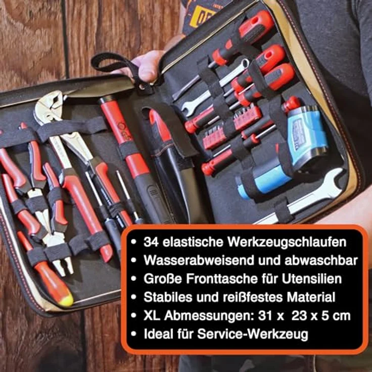 YPC ZipCaddy XL – Werkzeugmappe 31x23x5cm, wasserfest, mit 34 Halteschlaufen und großer Außentasche, in Khaki, Grau oder Blau – Bild 5