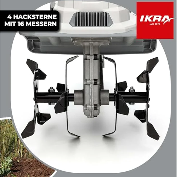 ikra GmbH Elektromotorhacke IET 1030, 30 cm Arbeitsbreite, 1.080-Watt-Motor, höhenverstellbarer Hacksporn, Sicherheitsschalter, Transportrad – Bild 2