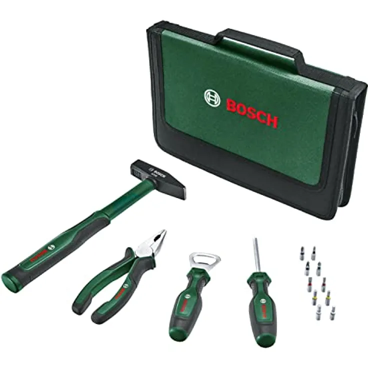 Bosch Home & Garden Easy Werkzeugkoffer, 14-teiliges Set mit Kombizange, Schlosserhammer und Universal-Schraubendreher in praktischer Stofftasche