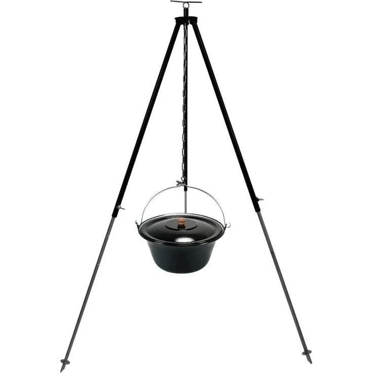 Grillplanet Holzkohlegrill Gulaschkessel 10 Liter Dreibein 130 cm Kettenhöhenverstellung, Set, emaillierter Deckel, Höhenverstellbares Dreibein
