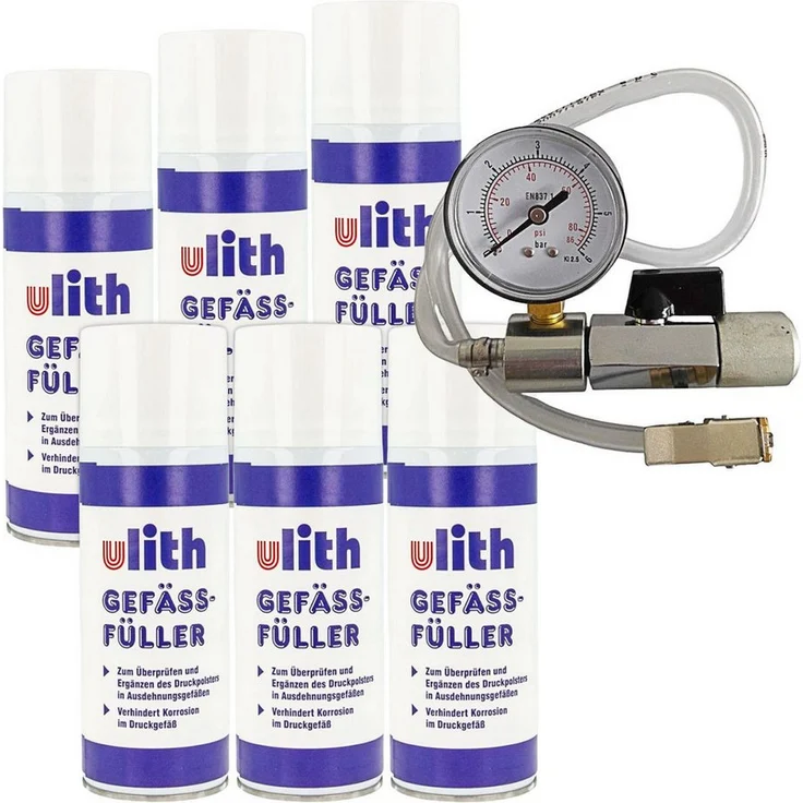 Ulith Gefäßfüller 400 ml, brennbar frei für Membran Ausdehnungsgefäße, inkl. 6er Set und Anschlussadapter mit Manometer