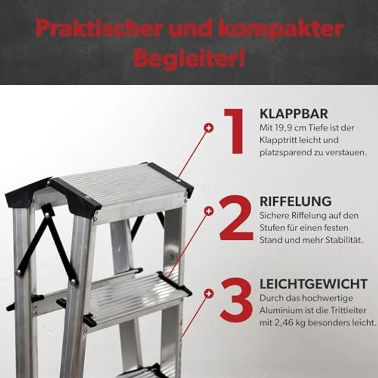 siwitec Alumium-Klapptritt 3 Stufen | Kleine Trittleiter | rutschfeste Standfüße | 150 kg Traglast | Geriffelte Stufen | Platzsparend | Klappleiter – Bild 3
