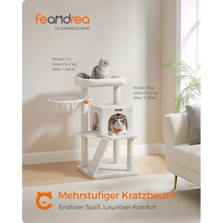 Feandrea Kratzbaum, Katzenbaum mit großer Plattform, cremeweiß, 2-in-1-Kratzrampe, doppelte Türöffnungen, sicherer Spielplatz – Bild 3