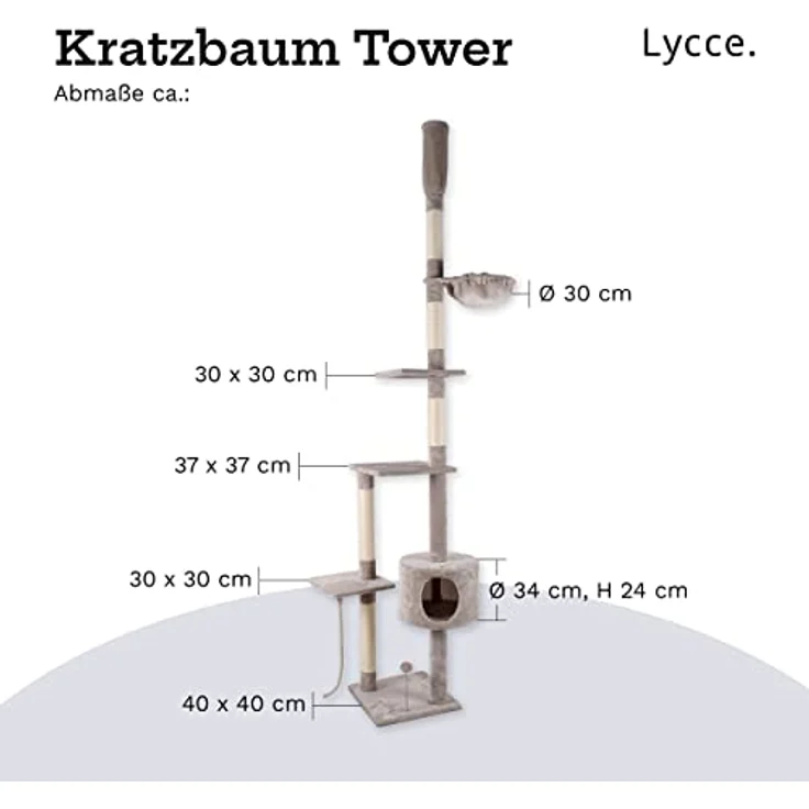 Lycce Katzenbaum Tower Kratzbaum deckenhoch Sisal Plüsch grau 230-260 cm – Bild 4