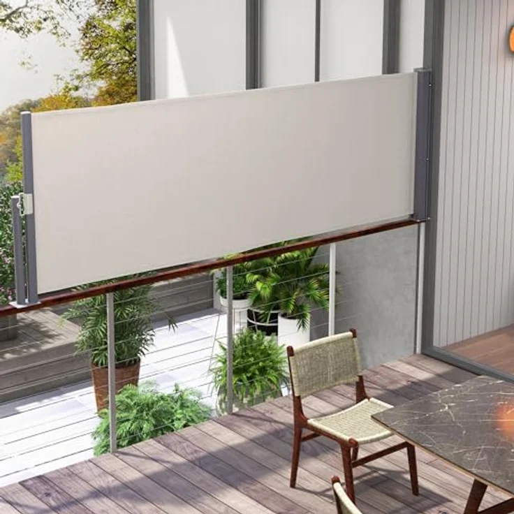 Outsunny Seitenmarkise Ausziehbar, 300 x 100cm Gartenmarkise, Sichtschutzwand mit UV-Schutz, Windschutz, Metall, für Terrasse, Balkon, Polyester, Hellgrau – Bild 2