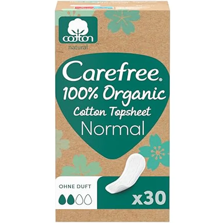 Carefree 100% Organic Cotton Topsheet Normal, parfümfrei Slipeinlagen aus 100% Bio-Baumwolle, 30 Stück, für sensible Haut