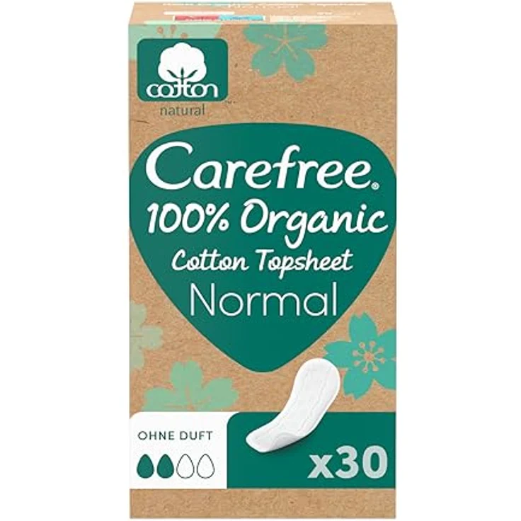 Carefree 100% Organic Cotton Topsheet Normal, parfümfrei Slipeinlagen aus 100% Bio-Baumwolle, 30 Stück, für sensible Haut – Bild 1
