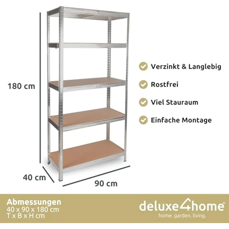 deluxe4home Schwerlastregal 40x90x180 cm, Schwarzes Regal aus verzinktem Stahl, 875 kg Tragfähigkeit, Einfaches Stecksystem – Bild 2