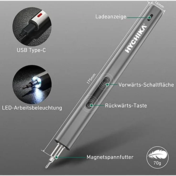Elektrischer Schraubendreher Feinmechaniker Set, 67 in 1 HYCHIKA Mini Schraubenzieher Werkzeug set LED-Lichter USB Wiederaufladbar Magnetische Bohrer für PC Kamera Telefon Drohne Spielkonsole – Bild 2