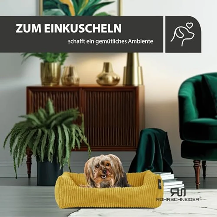 Rohrschneider Hundebett waschbar, für kleine und mittelgroße Hunde, mit Wendekissen aus Cordstoff, 2 Größen (ca. 55x42 cm/ca. 70x50 cm), inklusive Gassibeutel (Senf) – Bild 5