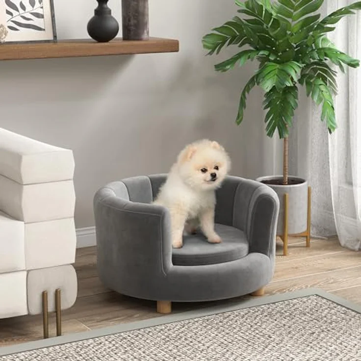 PawHut Hundesofa Hundecouch, Waschbarer Bezug, mit Rückenlehne und Holzbeine, für kleine Hunde unter 4,5 kg, Grau – Bild 2
