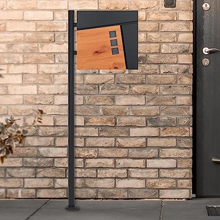 ECD Germany Standbriefkasten mit Zeitungsfach, Design Briefkasten mit Pfosten, Briefkastenanlage Briefkastenständer Anthrazit 120cm Edelstahl, Postkasten Anthrazit-Holzoptik Edelstahl pulverbechichtet – Bild 1