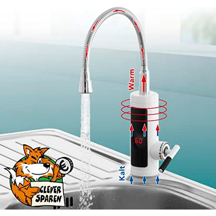 EASYmaxx Warm- & Kaltwasserarmatur mit Durchlauferhitzer, digitale LED-Temperaturanzeige, ideal für Werkstatt, Garage, Camping, Garten und Terrasse, Weiss/Edelstahl – Bild 2