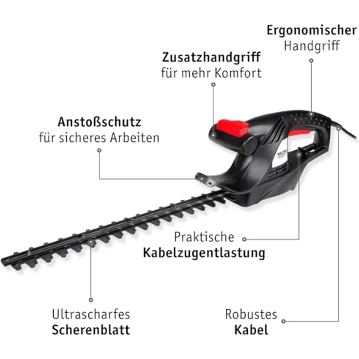 WALTER Elektro-Heckenschere 450 W, Präzisionsklinge aus U-Stahl, 408 mm Schnittlänge, Ergonomischer T-Griff, 2-Hand-Schutzschalter – Bild 2