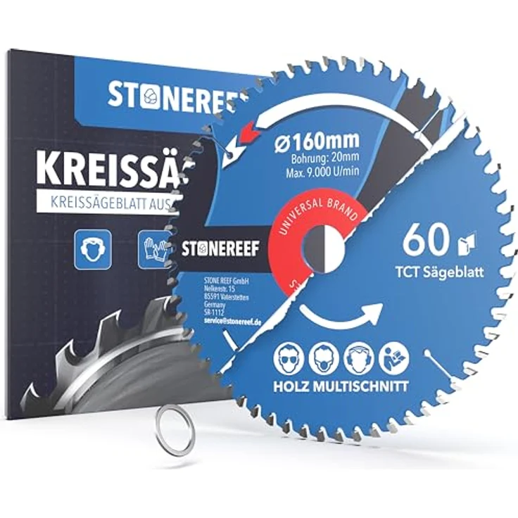 STONE REEF Kreissägeblatt 160 x 20 mm, 60 Zähne, für Holz & Kunststoff, mit Bohrung 20 mm + Adapterring 16 mm, geeignet für Hand-, Akku- und Tischkreissäge – Bild 1