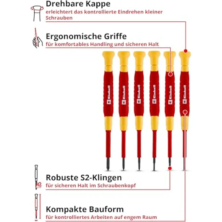 Einhell Elektriker-Feinmechaniker-Schraubendreher-Set 6-tlg., isoliert bis 1.000V, ergonomische Griffe, S2-Klingen, kompakte Bauform, rot-gelb – Bild 2