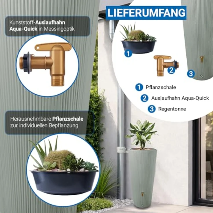 4rain Regentonne 4rain Regenspeicher Vaso 2 in 1 Decor 220 L agave, Stylisch gestalteter Regenspeicher mit Pflanzschale und 220 Liter Speichervolumen, in grüngrauer Farbe – Bild 4