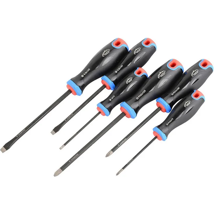 KesTek Schraubendreher Schraubendrehersatz Diamond 6-tlg. PH+SL, magnetisch mit ergonomischem 2-Komponenten-Griff, Schwarz-Rot