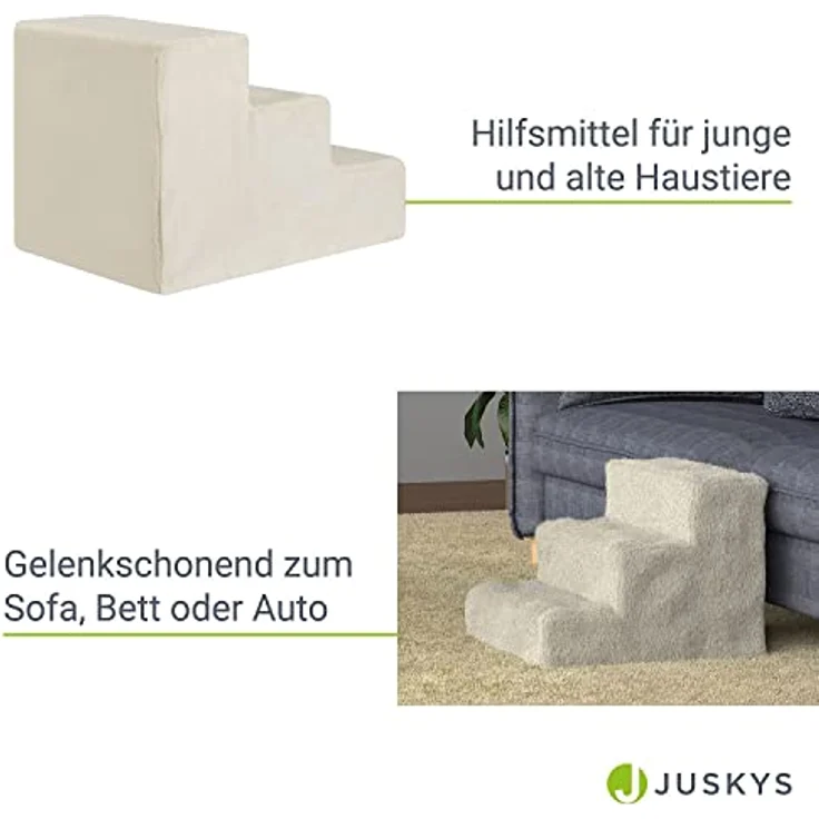 Juskys Haustiertreppe Hundetreppe 36 cm - Treppe 3 Stufen Plüsch-Bezug waschbar - Katzentreppe Hunderampe für Bett, Sofa, Couch und Auto - Bezug Beige – Bild 4