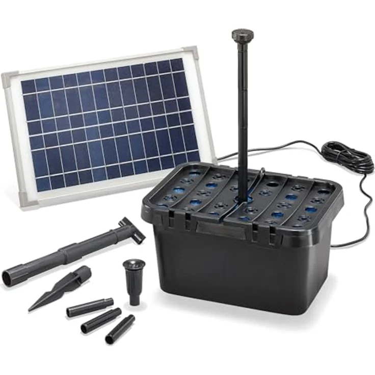 Esotec Solar Teichfilterset Starter 12/650, Gartenteichfilter Komplettset mit 650l/h Pumpe, 2 Sprinkler-Aufsätzen und 12 Watt Solarmodul für Außenbereich, Wasserspiel 100901 – Bild 1