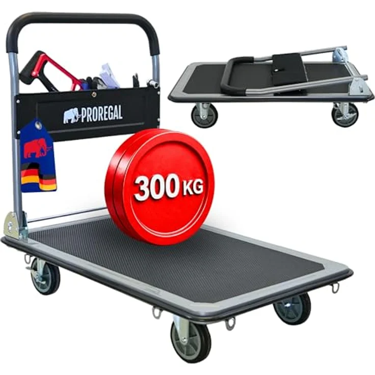 PROREGAL® Transportwagen RHINO, Klappbarer Profi-Transportwagen mit 300 kg Traglast, 2x 360° Lenkrollen & 2x Bockrollen mit Feststellbremse, rutschfeste Ladefläche, praktischer Werkzeugtasche – Bild 1
