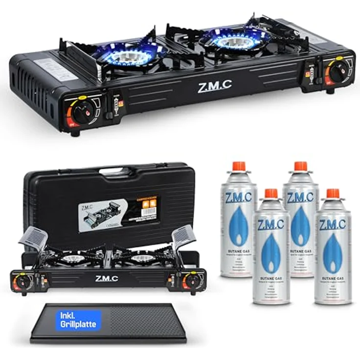 Z.M.C PREMIUM Camping Gaskocher 2-flammig mit Grillplatte 45x24 cm, 4 Gaskartuschen 227g, Piezozündung und Zündsicherung für Outdoor und Innenraum – Bild 1