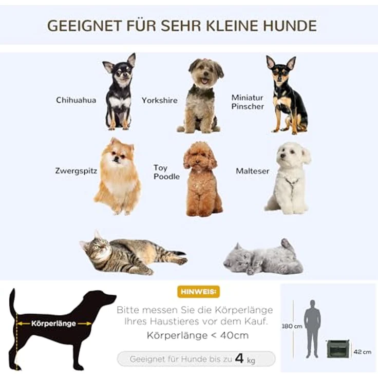 PawHut Hundetasche Hundebox mit Meshfenster, Katzentransportbox mit Kissen, Transportbox, Transporttasche für Hunde bis 4 kg, Oxford, Grau, 60 x 42 x 42 cm – Bild 4