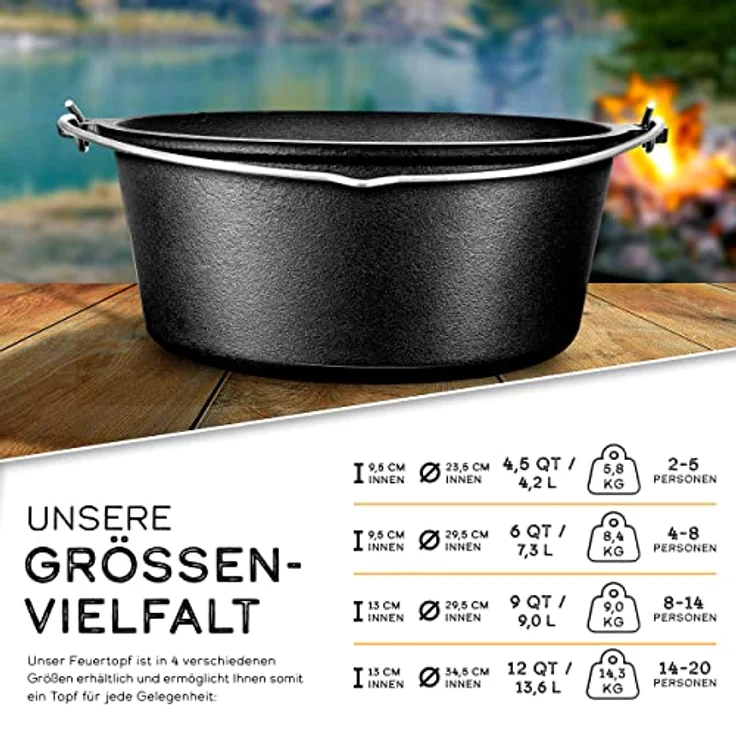 grillas Dutch Oven Set inkl. Rezeptideen | bereits eingebrannt - preseasoned | Feuertopf Gusseisen I Bräter mit Deckelheber und Henkel (Topf ohne Füße, 4,2 Liter / 4,5 QT) – Bild 2