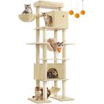 Feandrea Kratzbaum groß, Katzenbaum XXL, 201 cm hoch, beige mit 2 Katzenhöhlen, 2 Hängematten, Kippschutz