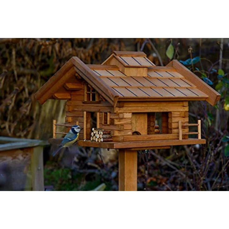 dobar® Green Label 98733FSCe Design Vogelfutterhaus Tirol - Vogelhaus Hüttendesign - Vogelvilla Massivholz - Vogelfutterstation inklusive Ständer - Großer Futterspender - 37 x 37 x 117 cm - Braun – Bild 5