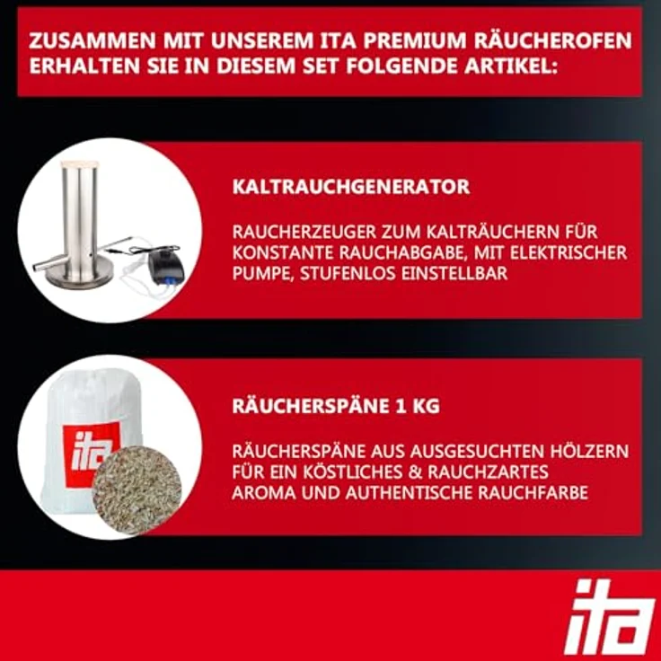 ITA Räucherofen 7000, Smoker Set mit Rauchgenerator, 81 cm, 3 Etagen, Fenster & Thermometer, legierter Stahl, EU Qualität – Bild 2