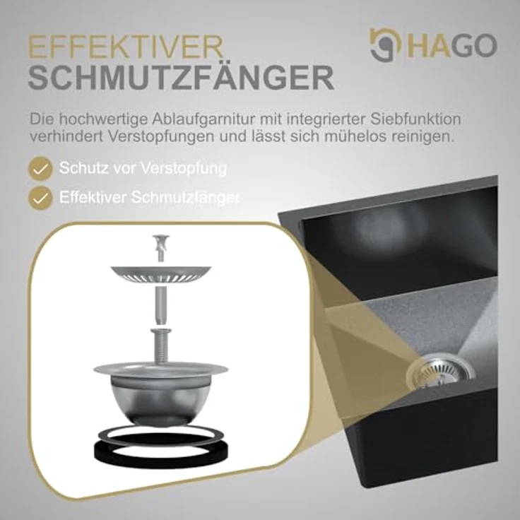 HAGO Edelstahlspüle Einbauspüle 45x45cm Eckig, rostfreies Edelstahl Spülbecken mit Ablaufgarnitur – Bild 5