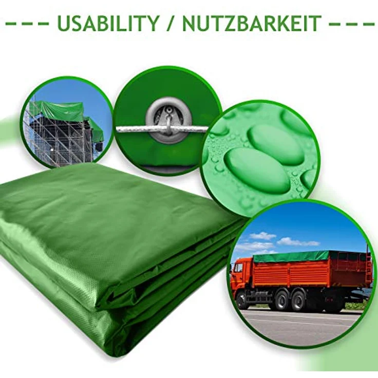 Jago Abdeckplane - 650 g-m², Wasserdicht & Reißfest, Aluminiumösen, Grün, 4 x 3 m, Beidseitig Beschichtet - Schutzplane, LKW Plane Gewebeplane, Regenplane – Bild 4