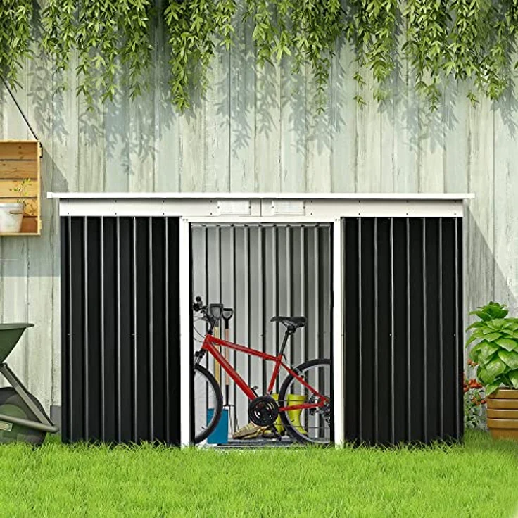 Outsunny Gerätehaus, Gartenhaus, Geräteschuppen mit Schiebetür, Lüftungsfenster, Pultdach, Outdoor, Stahl, Dunkelgrau, 280 x 130 x 172 cm – Bild 2