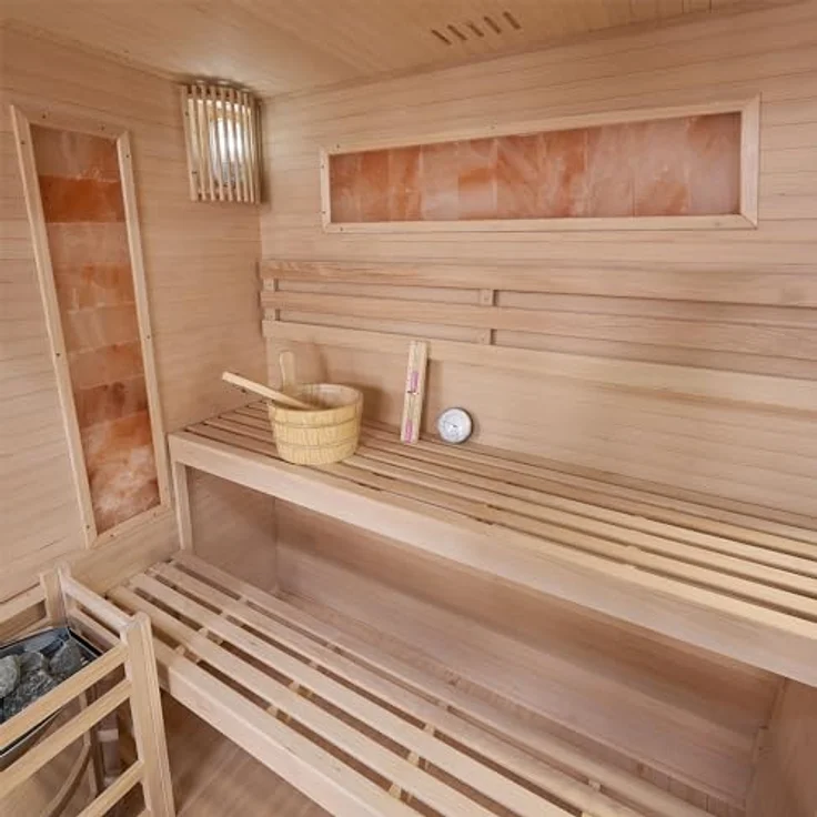 Artsauna Sauna Vantaa 175, BxTxH: 175 x 140 x 190 cm, 5 mm, 2 große Salzsteine, Ambientebeleuchtung, Schwarz/Natur, 8 kW Ofen und Saunasteine, 4 Personen Saunakabine – Bild 10