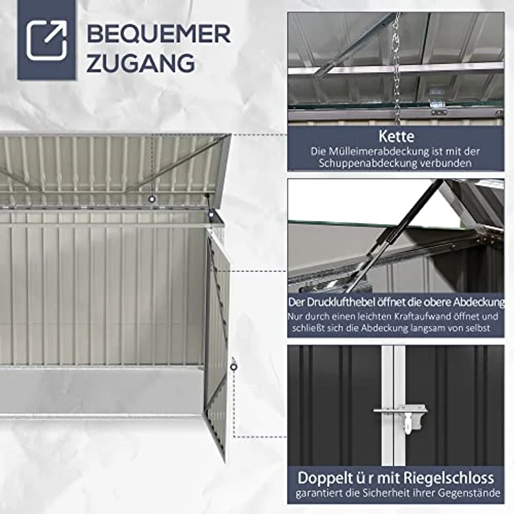 Outsunny Mülltonnenbox Storer abschließbar Gerätebox für 2 Mülltonnen Stahl 178,5 x 104,5 x 128,5/113 cm Schwarz - Wetterfest mit Geruchsverminderung – Bild 5