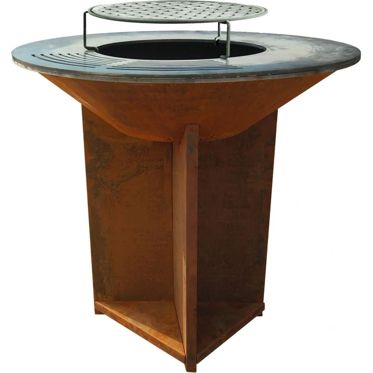 Purline 100 cm Stahlplattengrill, Feuerstelle aus Cortenstahl mit rostigem Aussehen und kreuzförmiger Basis