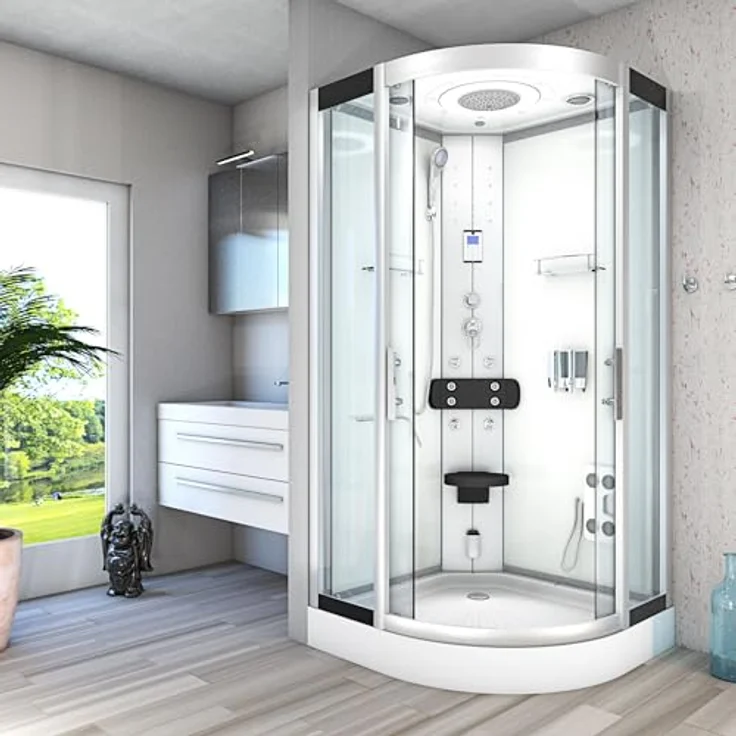 SeniorBad AcquaVapore D58-10T2-EC Dampfdusche, Duschkabine mit 8 Massagedüsen, integrierter Klappsitz, Bluetooth-Player, 90x90 cm, weiß – Bild 2