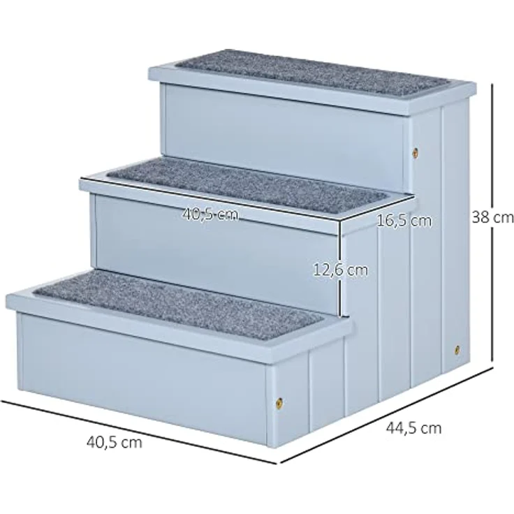 PawHut Haustiertreppe Hundetreppe 3 Stufen Einstiegshilfe mit Teppich Stauraum für Katzen und Hunde Tannenholz Grau 40,5 x 44,5 x 38 cm – Bild 3