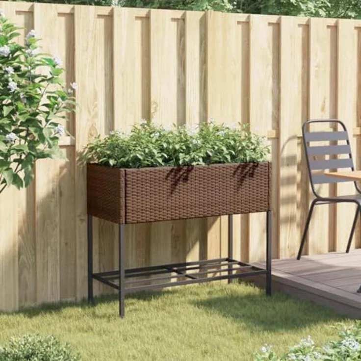 vidaXL Pflanzkübel mit Ablage Braun Poly Rattan, PE-Rattan, stabiles Gestell, praktische Ablage – Bild 3