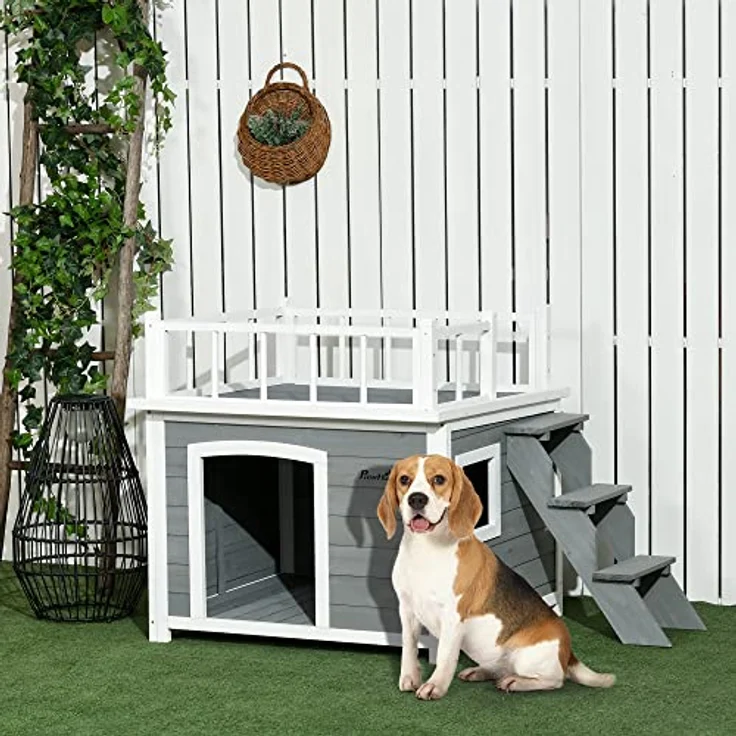 PawHut Hundehütte Hundehaus mit Balkon, Erhöhtes Kleintierhaus mit Treppe, Fenster, Hundehöhle für Mittele, Große Hunde, Tannenholz, Hellgrau, 121 x 77 x 78 cm – Bild 2