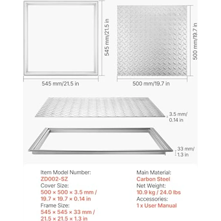 VEVOR Schachtabdeckung mit Rahmen 50 x 50 cm, Hochbelastbarer rutschfester Gullydeckel aus Kohlenstoffstahl für Gehwege und Gärten – Bild 3