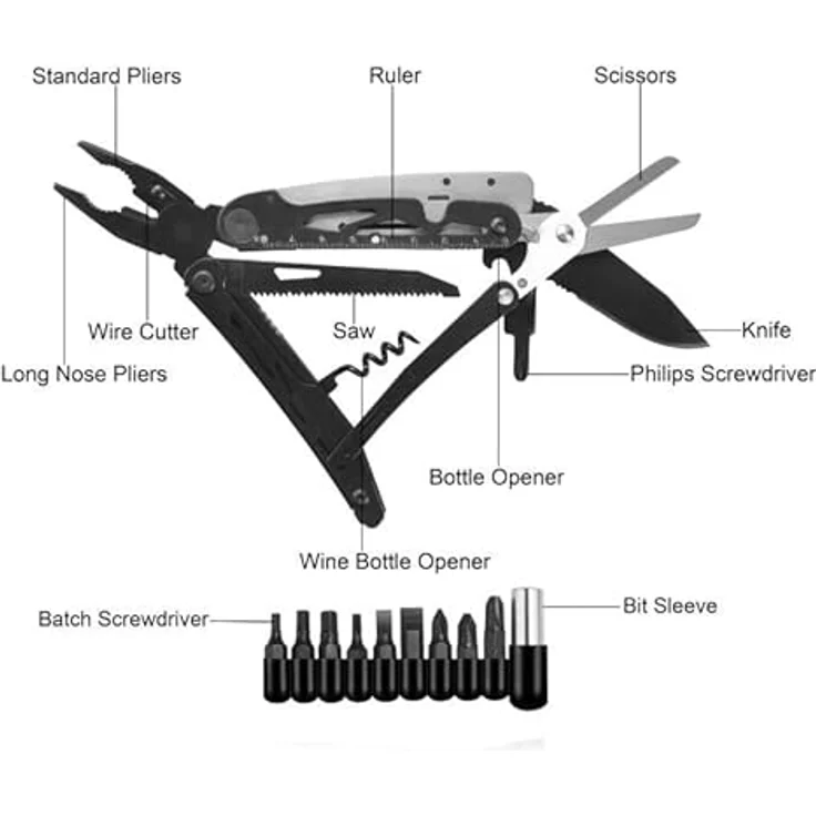 RoverTac Multitool Taschenmesser 18 in 1, Multifunktionswerkzeug aus rostfreiem Edelstahl mit Nylontasche, ideal für Camping und Heimwerker – Bild 2