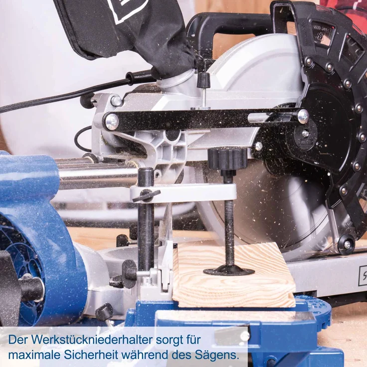 Scheppach HM216 Kappzugsäge Kappsäge Gehrungssäge 2000 W, Ø 216 mm Sägeblatt, 34 cm Schnittbreite mit Schnittkanten-Laser und LED, Drehtisch mit Schnellarretierung, inkl. 2 Hartmetall-Sägeblättern – Bild 2