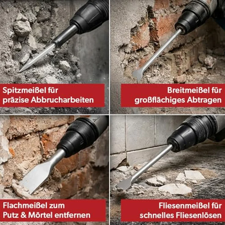 siwitec Betonbohrer SDS-plus Meißel Set, 4-teilig, Flach-, Spitz-, Breit-, Flügelmeißel, 250 mm – Bild 6